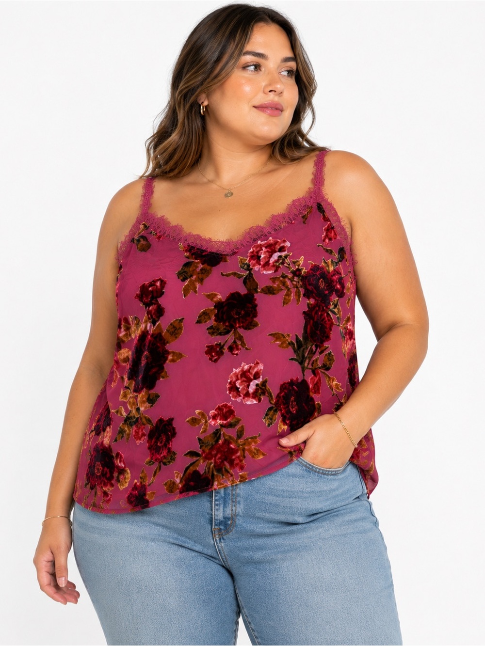 a.n.a XL Floral Sheer Burnout Velvet Lace detailed Cami Top Y2K Romantic fairy